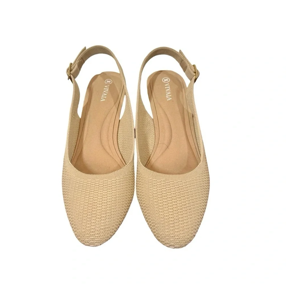 Vivaia Almond Toe Beige Slingback Wedge Tamia in Almond Crochet-Still Full Price